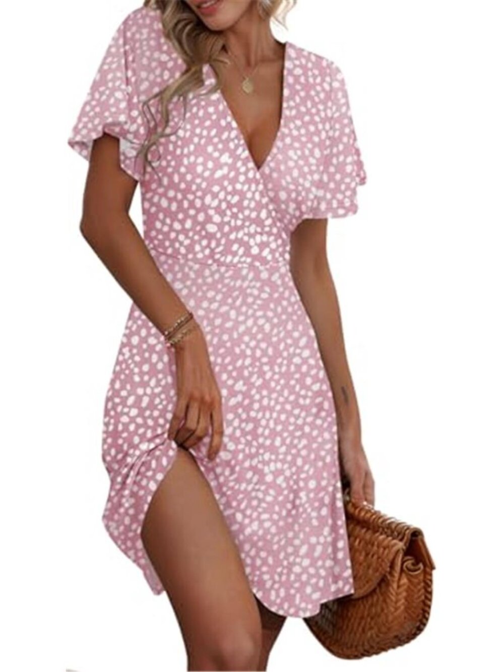ETCYY Pink Polka Dot Wrap Dress V-Neck Flutter Sleeve Sundress